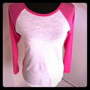 Miami Style white pink colorblock baseball style three quarter sleeve t-shirt